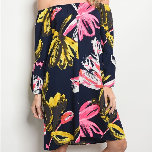 Dresses & Skirts - Navy Floral Off Shoulder Tunic Dress
